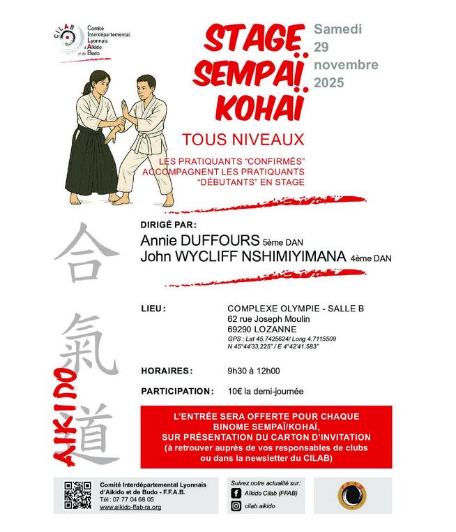 Lire la suite à propos de l’article Stage Sempaï-Kohaï du 29/11/25 à Lozanne