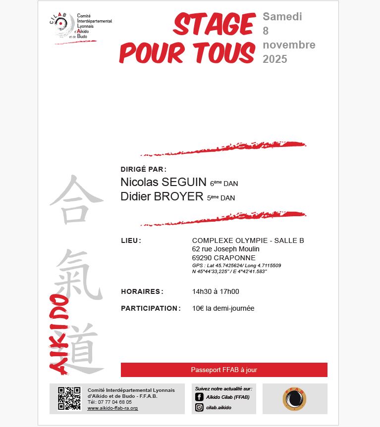 Lire la suite à propos de l’article Stage pour tous à Craponne le 8/11 après-midi